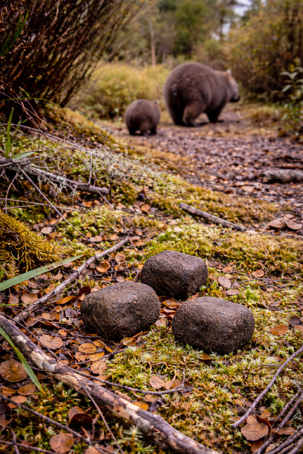 A wombat walking away in alpine country with metallic Wombat Nuggets in the foreground
