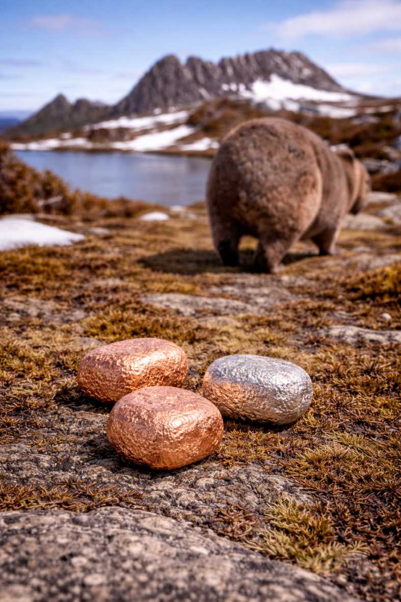 Wombat in alpine country with metallic Wombat Nuggets in the foreground