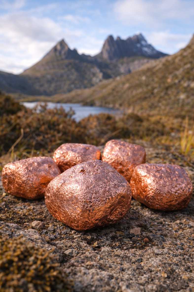 Copper plated Wombat Nuggets displayed together on a clean light background