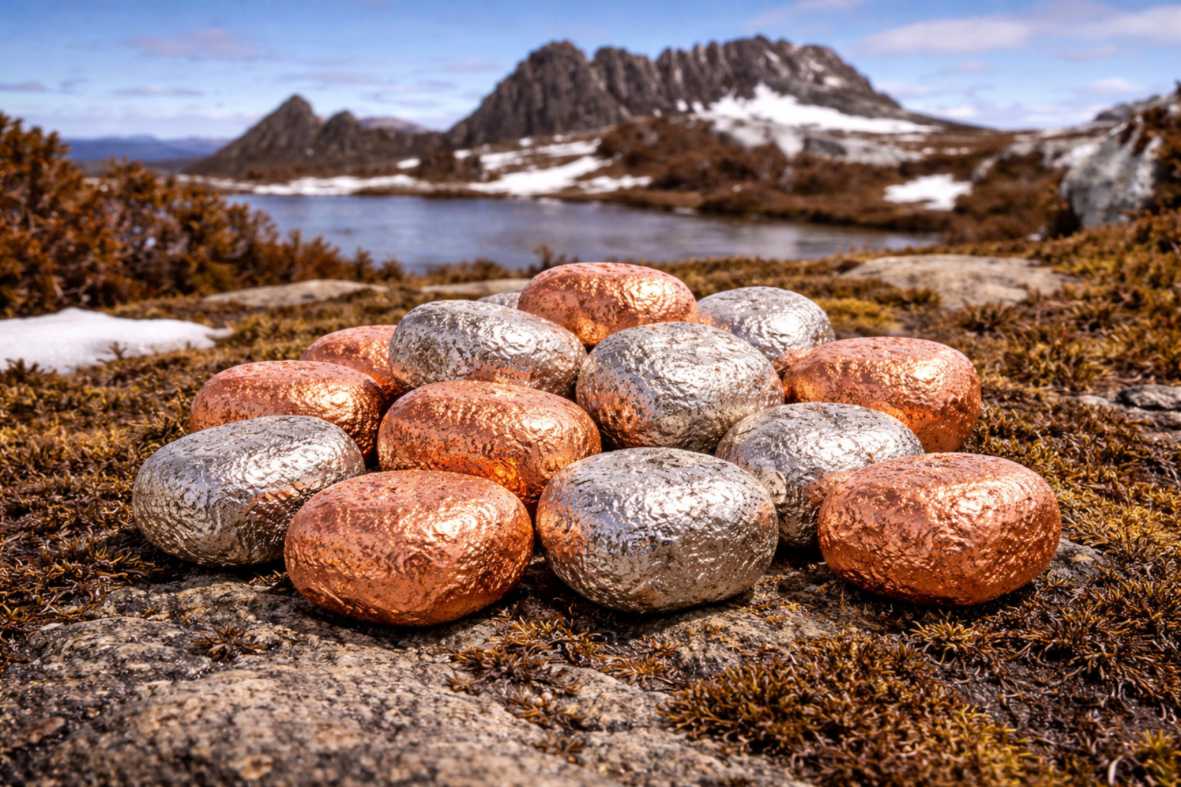 Copper and nickel plated Wombat Nuggets displayed on alpine moss in Tasmania
