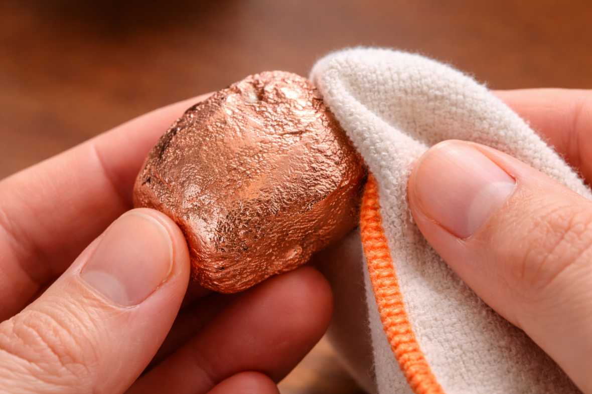 Close-up of a cloth polishing a copper plated Wombat Nugget